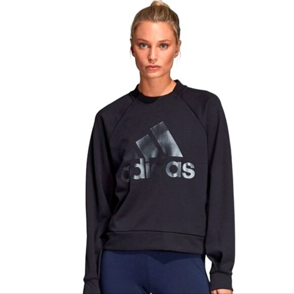 Adidas Sweatshirt Women's Sz L Black  Gray Gunmetal Letters Crewneck Zip Back - Picture 1 of 14